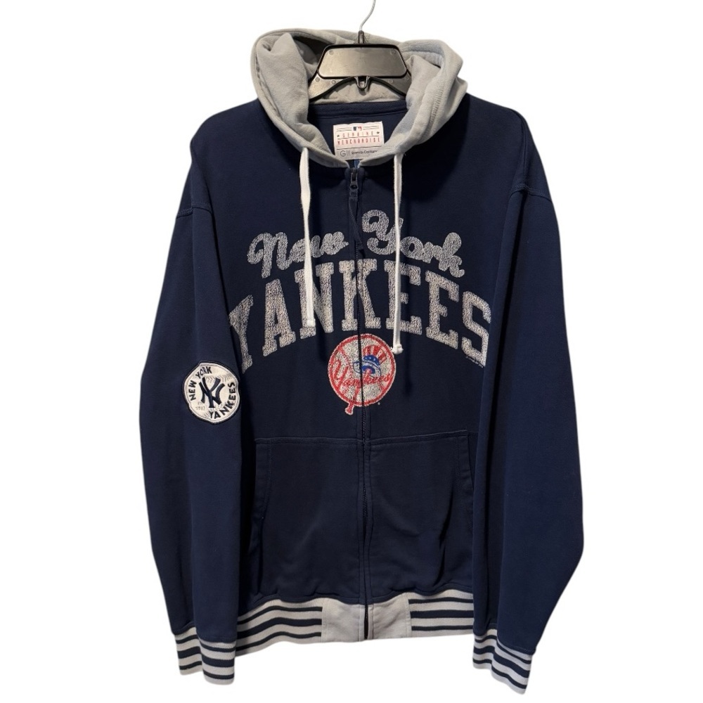 NY‎ YANKEES ZIP HOODIE SWEATSHIRT XL BASEBALL DISTRESSED BLUE Carl Banks